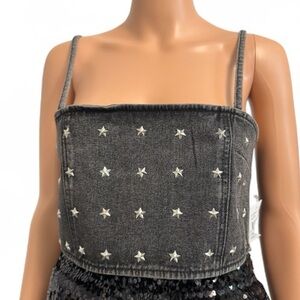 Star-Studded Charcoal Gray Jean Like Spaghetti Strap Crop Top- Size Large